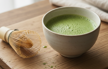 Traditional Japanese matcha tea in a bowl with bamboo whisk