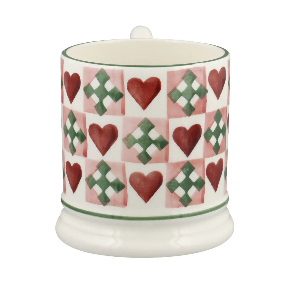 Emma Bridgewater Ceramic mug with heart and quilt pattern on a white background