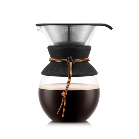 Bodum Pour Over Coffee maker with a permanent stainless steel filter, featuring a clear glass carafe and a black handle with orange flame accents.