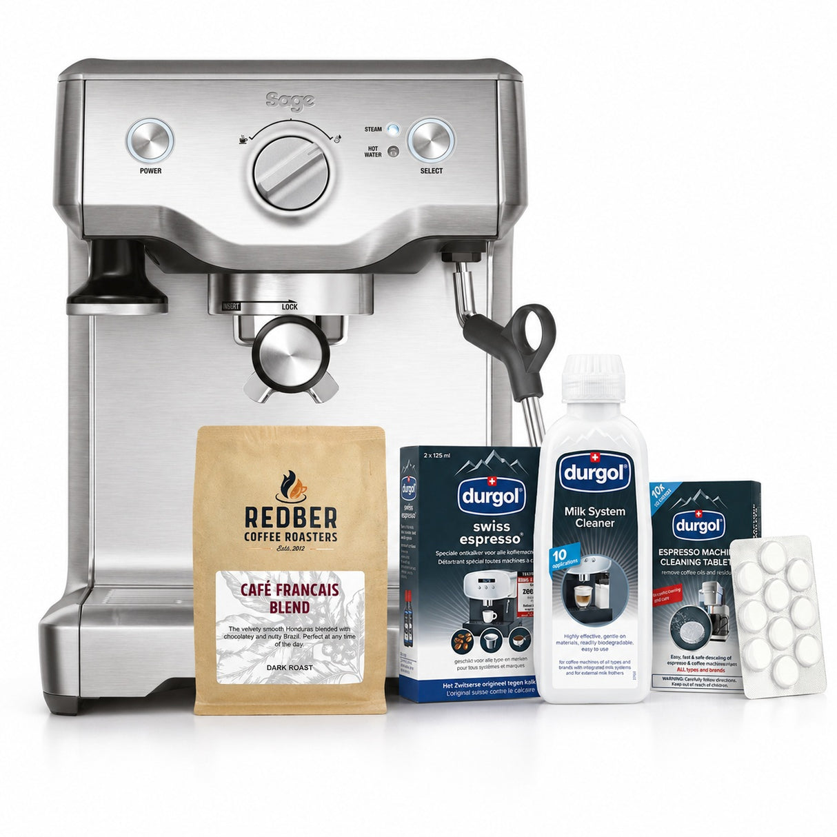 Sage espresso machine with Redber coffee beans, Durgol cleaning products, and a milk frother on a white background