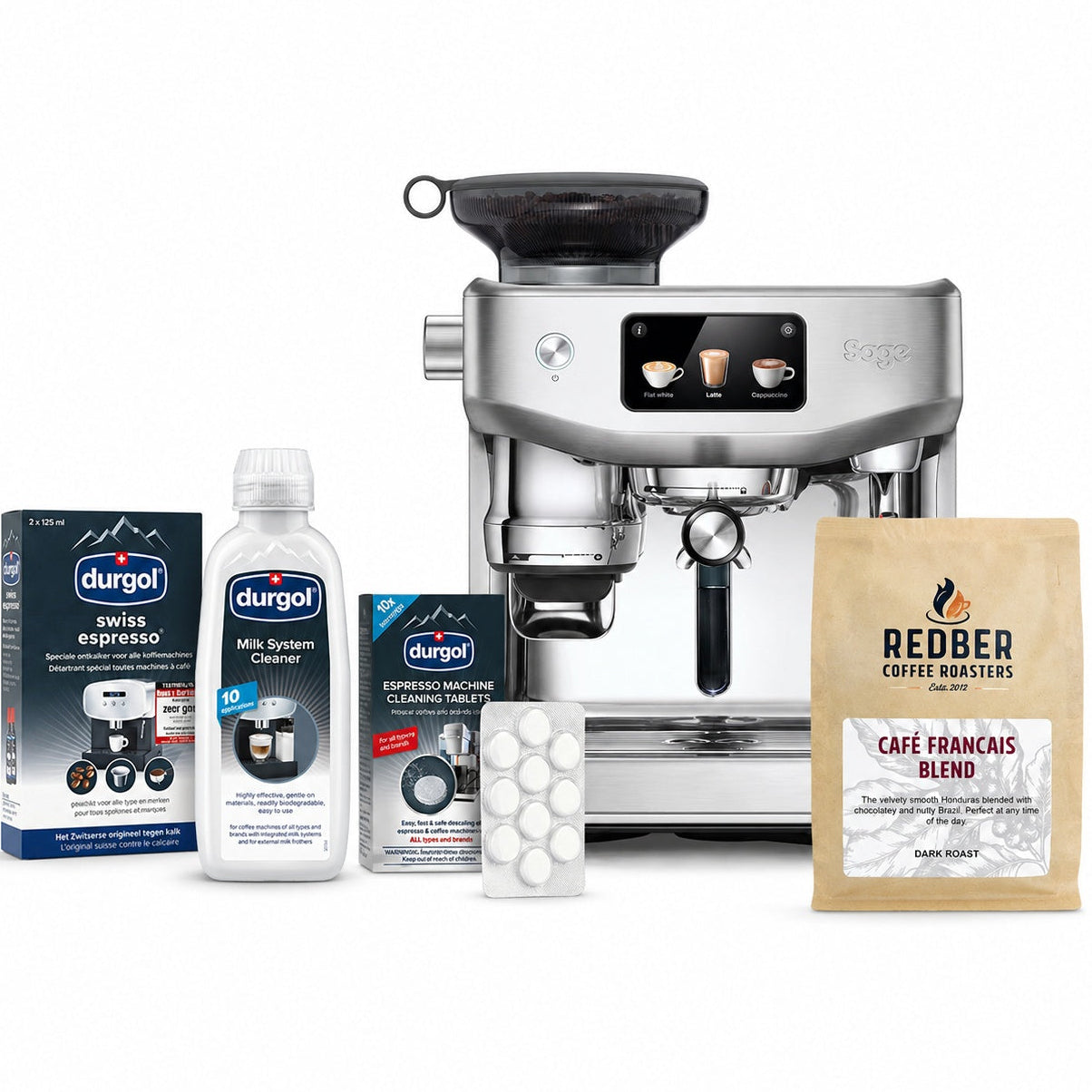 Espresso machine with cleaning products and coffee beans on a white background