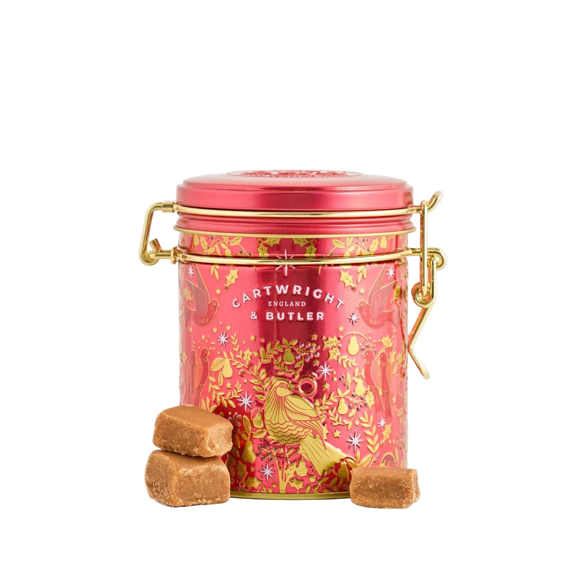 Decorative tea canister with gold accents on a white background