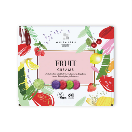 Whitaker's Fruit Creams chocolate box with colorful fruit illustrations on a white background