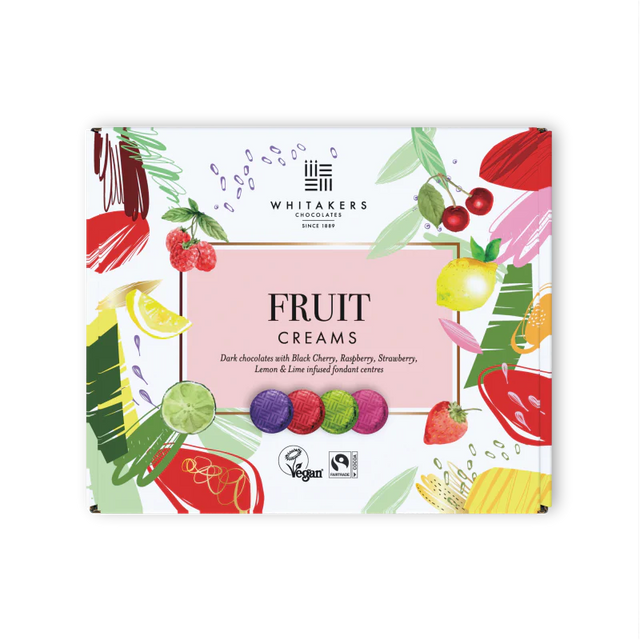 Whitaker's Fruit Creams chocolate box with colorful fruit illustrations on a white background