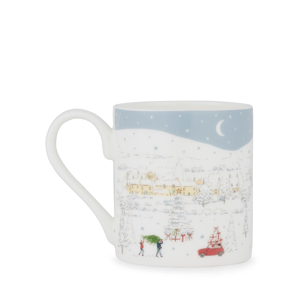 Reverse of Sophie Allport Home for Christmas Scene mug showing a red car and people carrying a Christmas tree