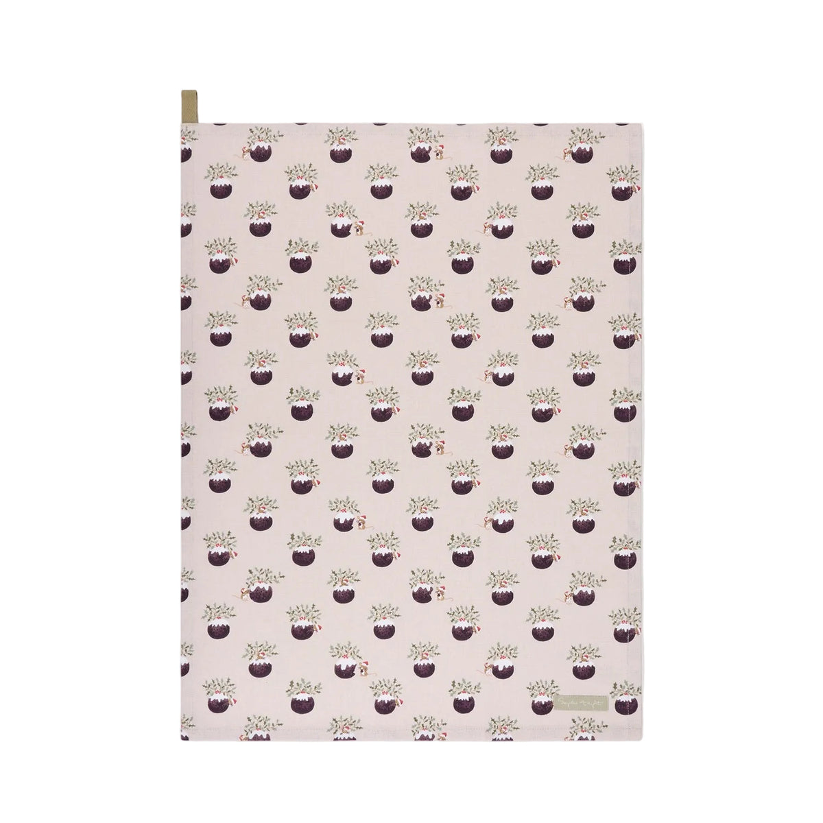 Sophie Allport Christmas Puddings cotton tea towel showing the full pudding pattern and hanging loop