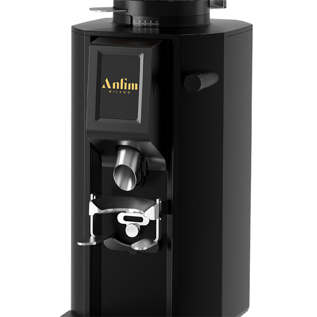 Black coffee grinder with 'Antim' branding on a white background