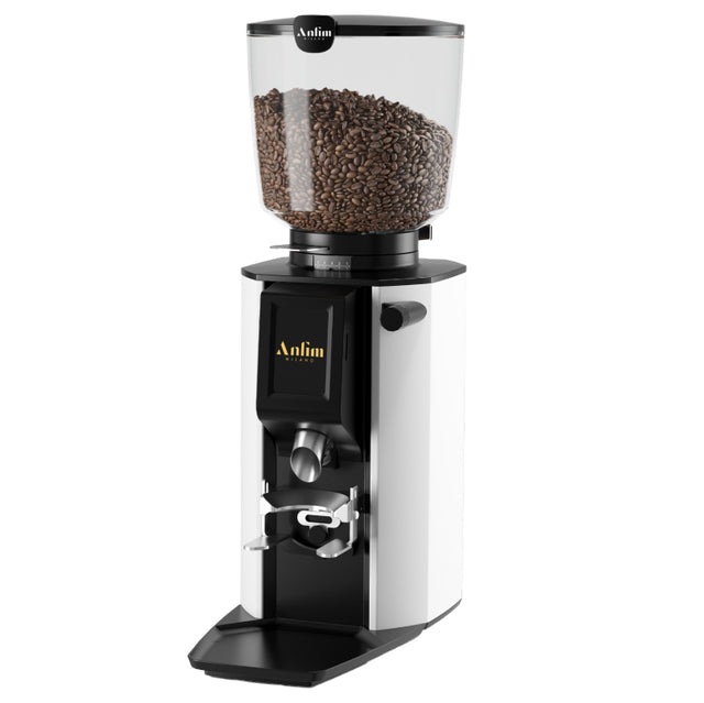 Coffee grinder with coffee beans on a white background