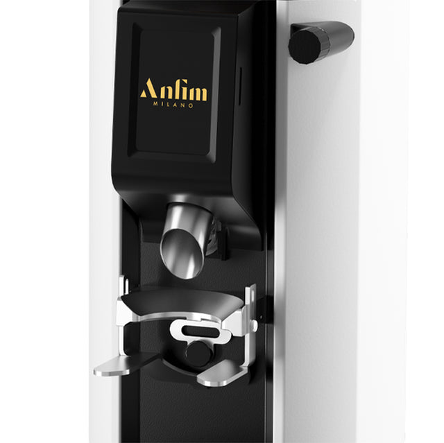 Black and silver coffee bean grinder with 'Anfim Milano' branding on a white background
