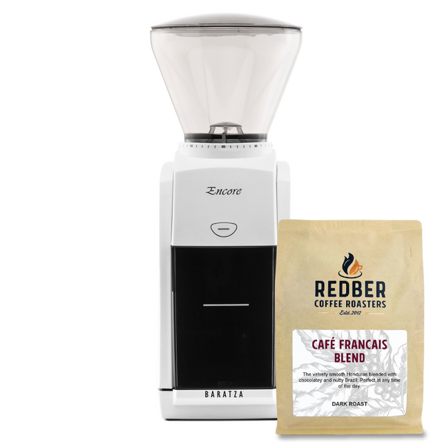 Baratza Encore coffee grinder with a bag of Redber Coffee Roasters Cafe FranΓ§ais Blend on a white background
