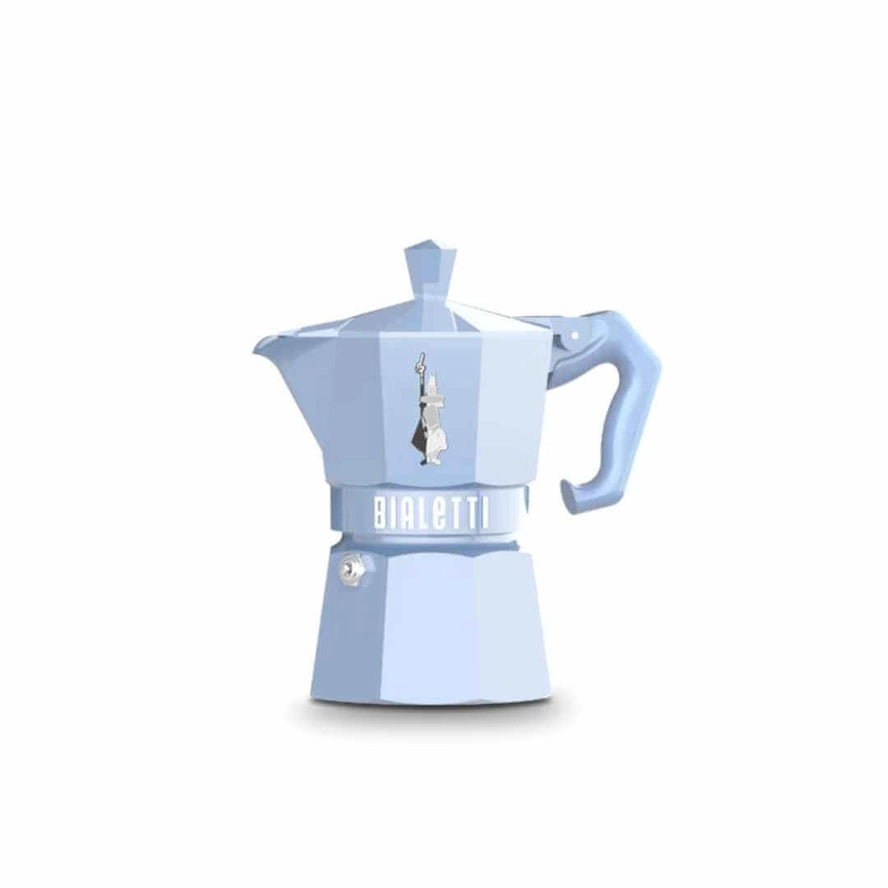 A light blue Bialetti moka pot coffee maker on a solid white background.
