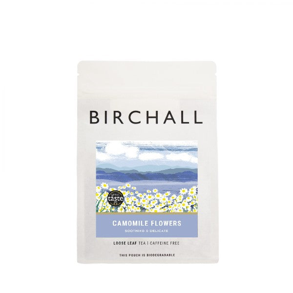 Birchall camomile flowers tea package with scenic design on a white background