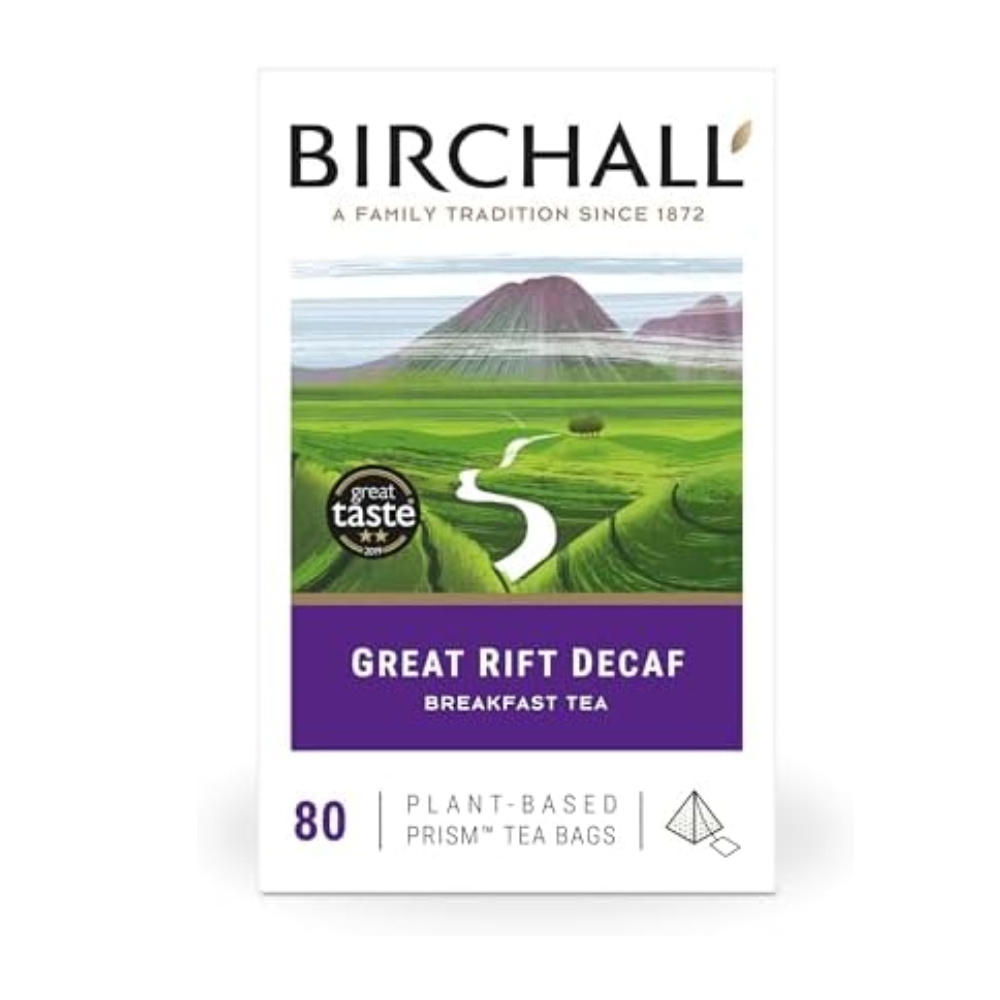 Birchall Great Rift Decaf Breakfast Tea package with scenic design on a white background