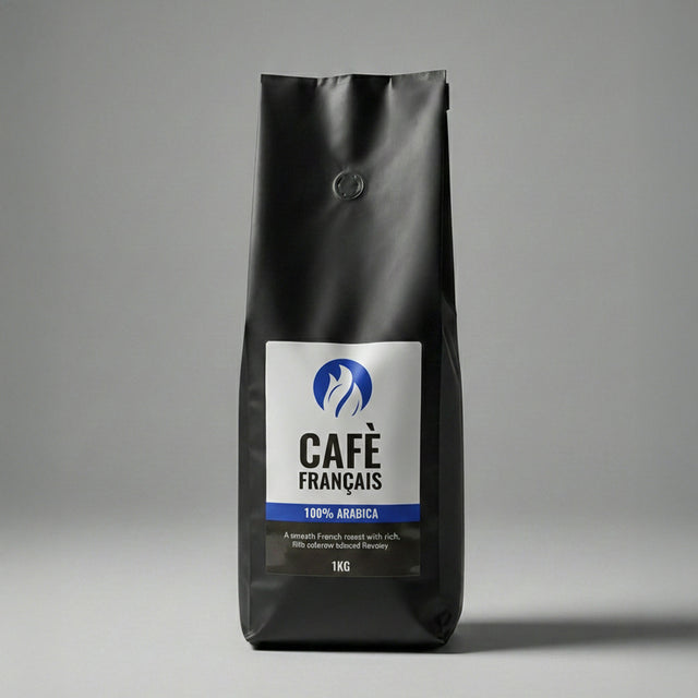 Black coffee bag with 'Café Français' label on a gray background
