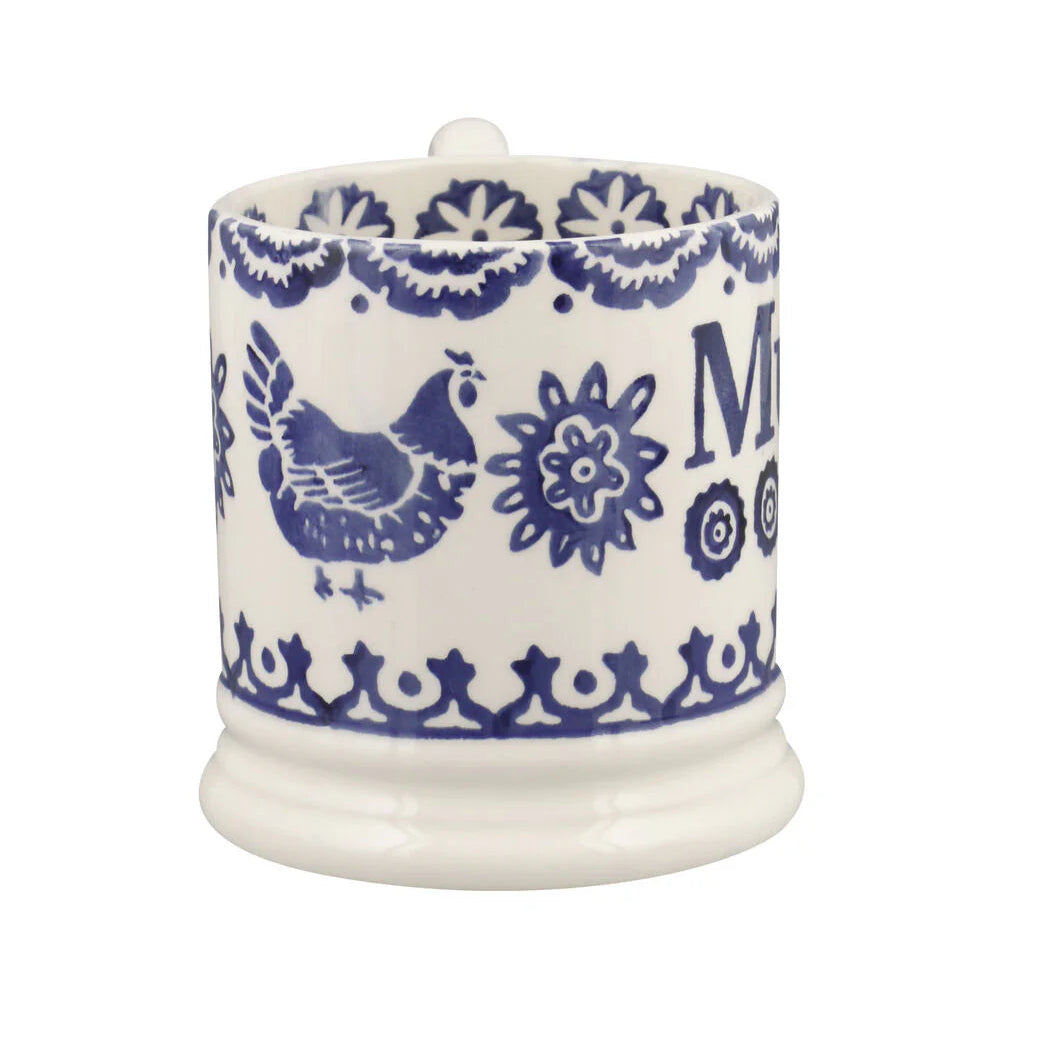 White ceramic jar with blue floral and bird patterns on a white background
