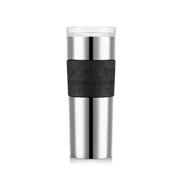 Bodum Stainless Steel Travel Mug 0.45L / 12oz. with Clear Lid - Black Band