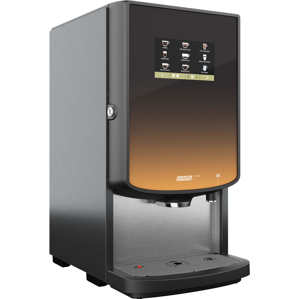 Bravilor Bonamat Bolero 43 Instant Beverage Machine with 4 canisters, fast brewing, and energy-saving mode, ideal for serving coffee, hot chocolate, and milk-based drinks in high-demand environments.