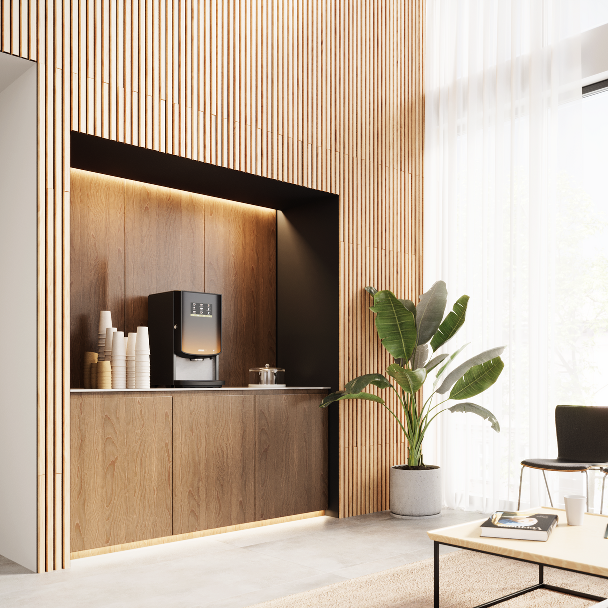 Modern kitchen with wooden cabinets, coffee machine, and a plant.