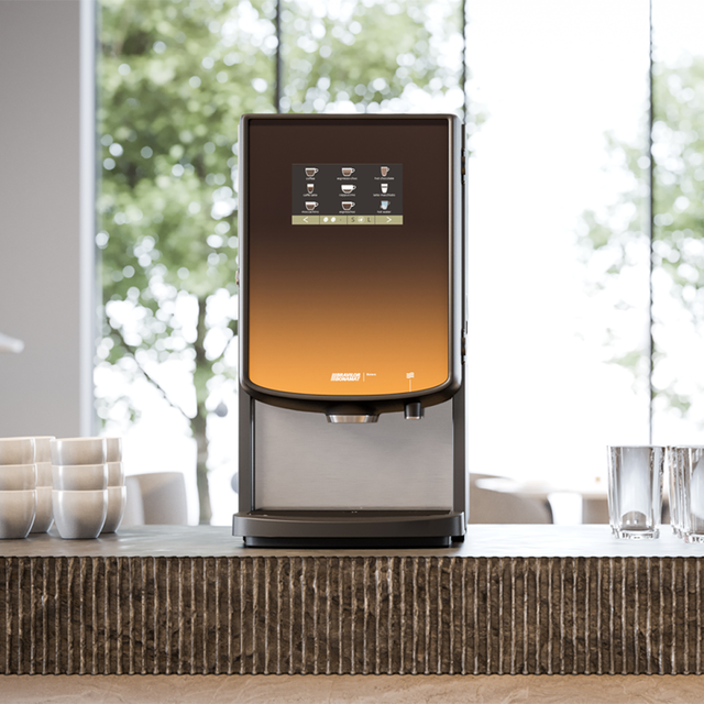 Bravilor Bonamat Bolero 43 Instant Beverage Machine with 4 canisters, fast brewing, and energy-saving mode, ideal for serving coffee, hot chocolate, and milk-based drinks in high-demand environments.