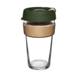 A reusable glass coffee cup with a cork band and a green press fit lid, tempered for durability.