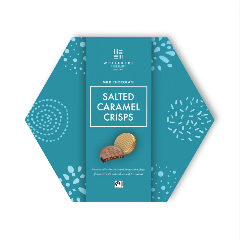 A hexagonal package of Whitakers Milk Chocolate Salted Caramel Crisps showing the product and brand name.