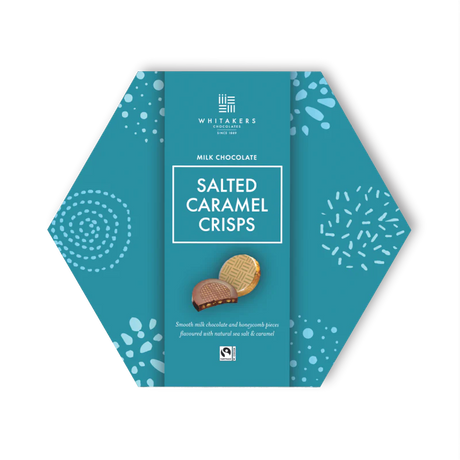 A hexagonal package of Whitakers Milk Chocolate Salted Caramel Crisps showing the product and brand name.
