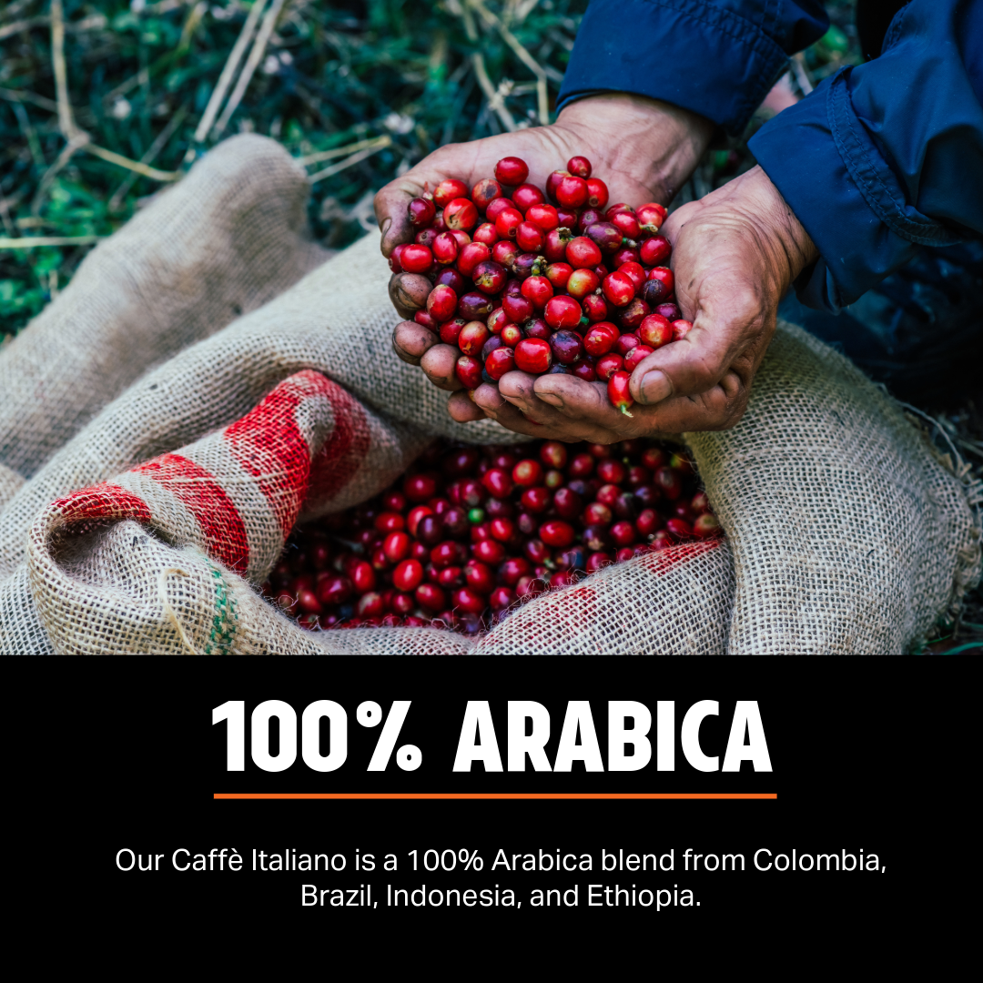 Hands holding red coffee cherries with a sack of coffee beans and text about 100% Arabica blend.