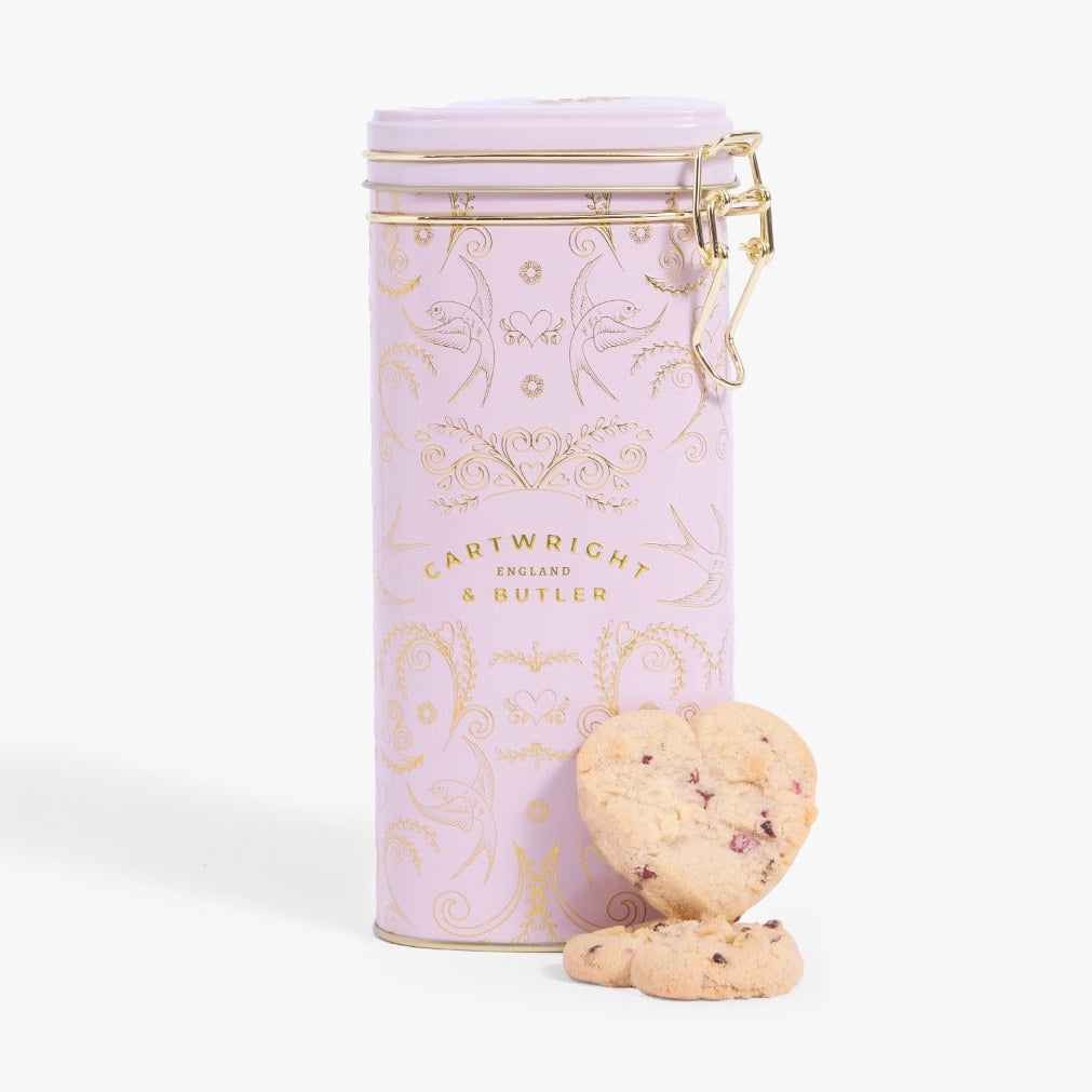 Cartwright & Butler Raspberry & White Chocolate Biscuits in Heart Shaped Tin