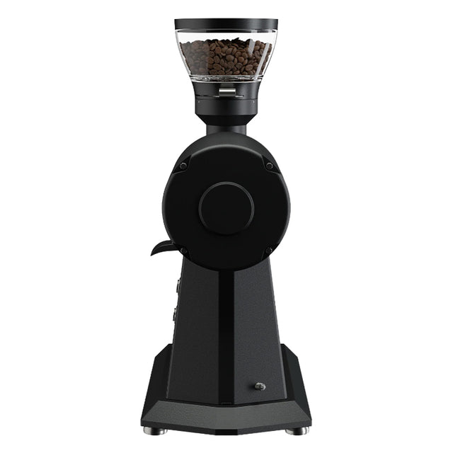 Black coffee grinder with coffee beans on a white background