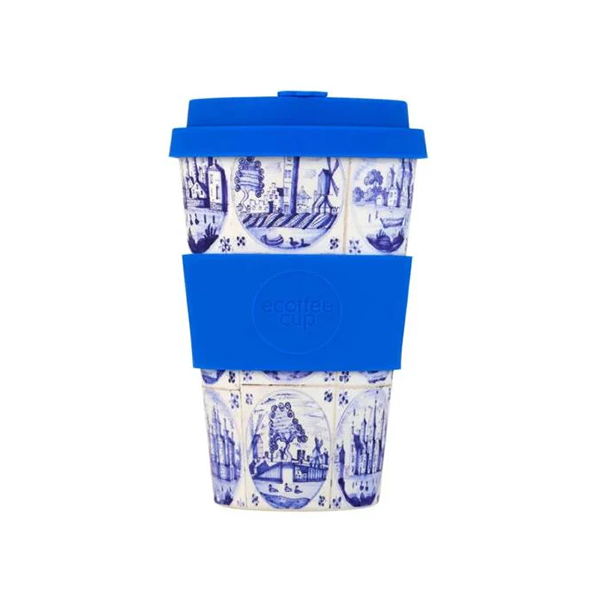Reusable coffee cup with blue lid and patterned design on a white background