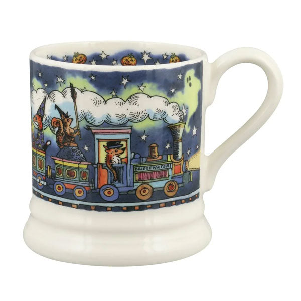 Mug with a colorful train design on a blue background