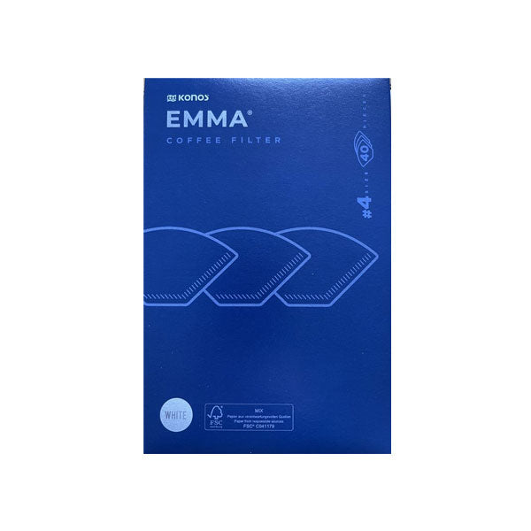 Blue coffee filter packaging with 'EMMA' branding on a white background