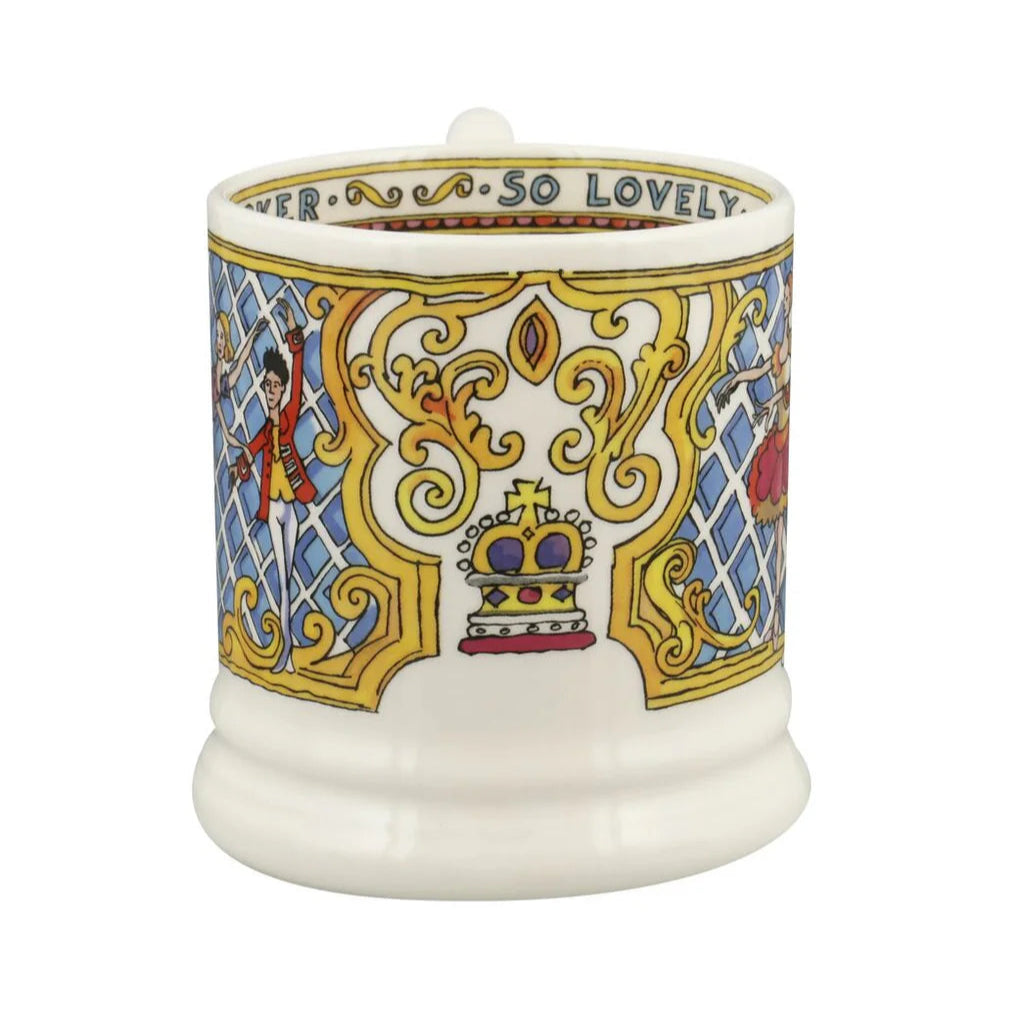 Decorative mug with intricate designs and text on a white background