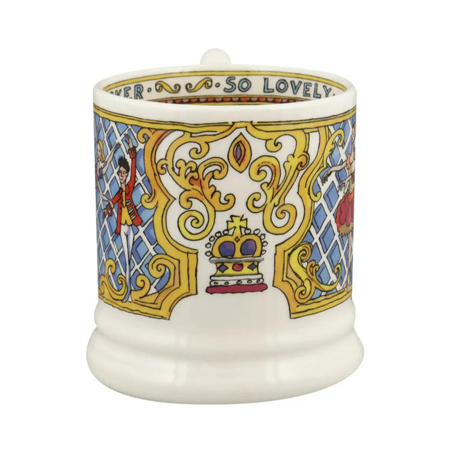 Decorative mug with intricate designs and text on a white background