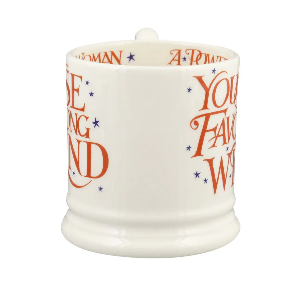 White mug with red text on a white background