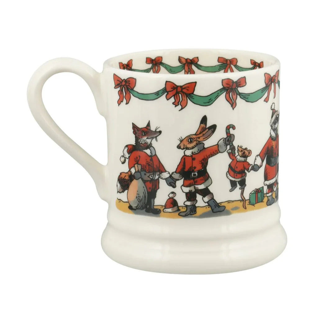 White mug with festive design featuring cartoon characters and holiday elements on a white background
