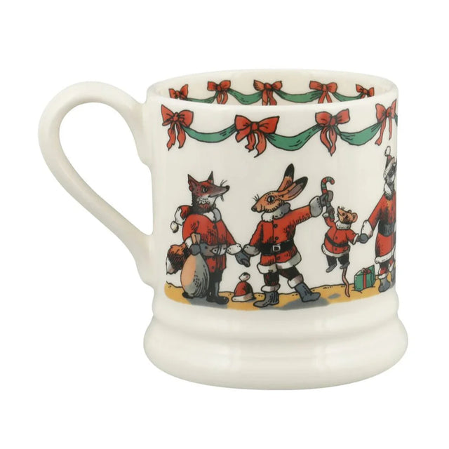 White mug with festive design featuring cartoon characters and holiday elements on a white background