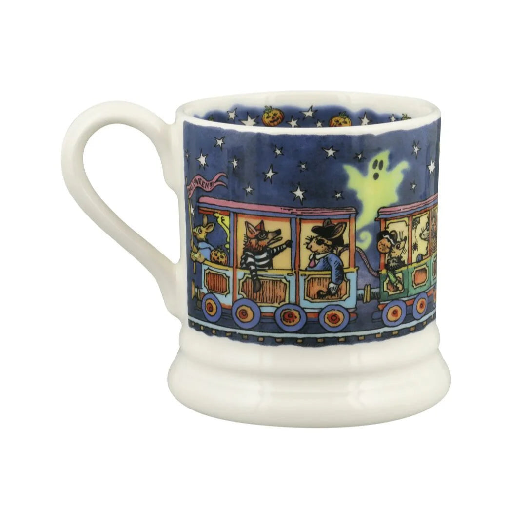 Decorative mug with cartoon characters on a blue background