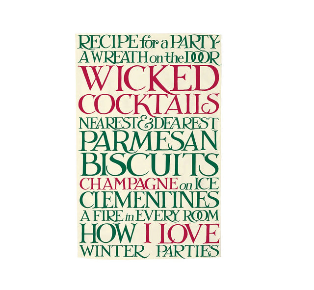 Textual list of party items with a festive color scheme on a white background