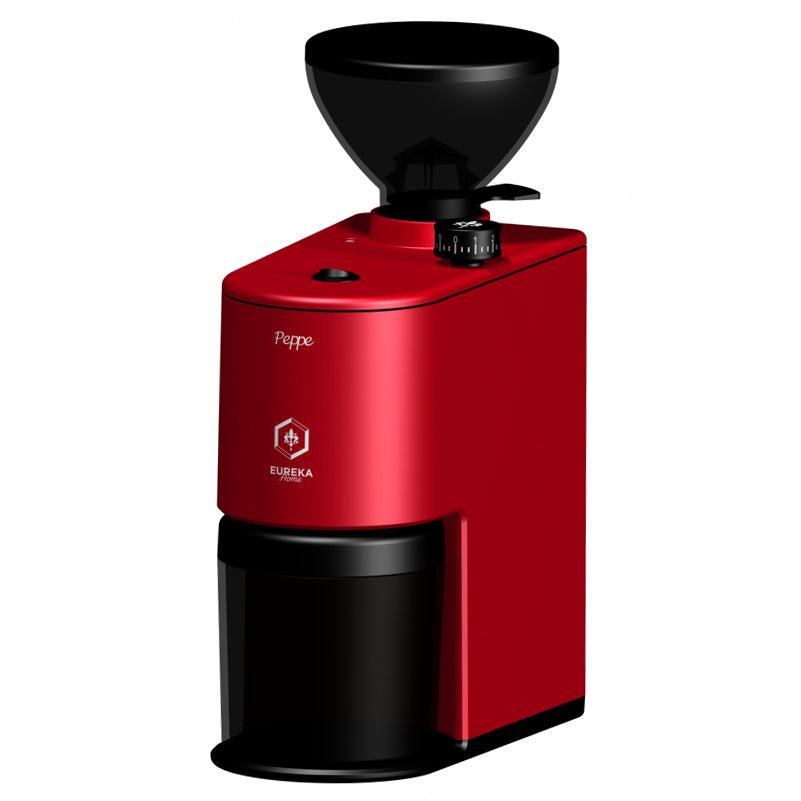 Eureka Peppe 50 electric coffee grinder in red with a black bean hopper and grounds container.