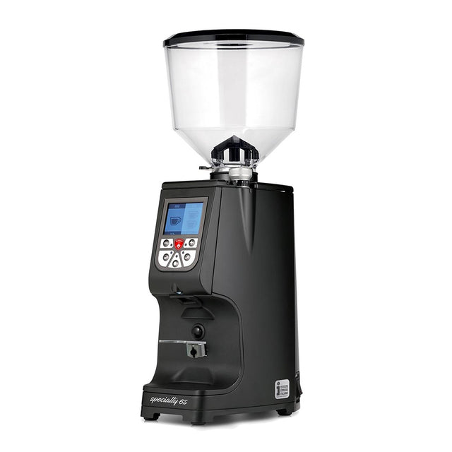 Black coffee grinder with digital display on a white background