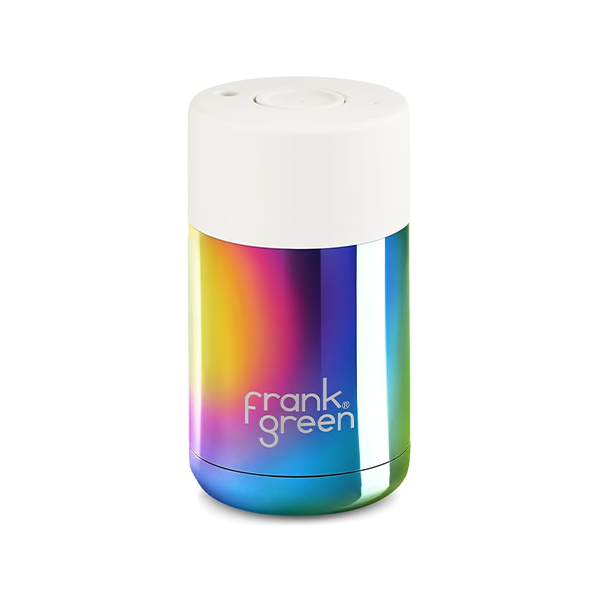 Colorful reusable cup with 'Frank Green' branding on a white background