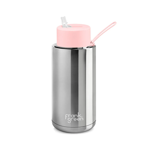 Silver water bottle with pink lid and straw on a white background, featuring the brand 'Frank Green'.
