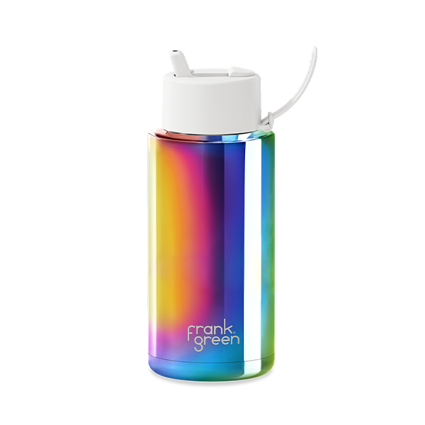 Frank Green 34oz/1005ml Ceramic Reusable Bottle with Flip Straw - Chrome Rainbow / Cloud Lid