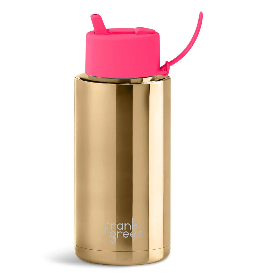 Frank Green 34oz/1005ml Ceramic Reusable Bottle with Flip Straw - Gold Chrome / Neon Pink