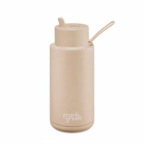 Beige water bottle with straw lid on a white background, featuring the brand 'frank green'.