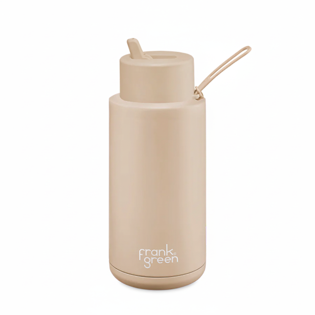 Beige water bottle with straw lid on a white background, featuring the brand 'frank green'.