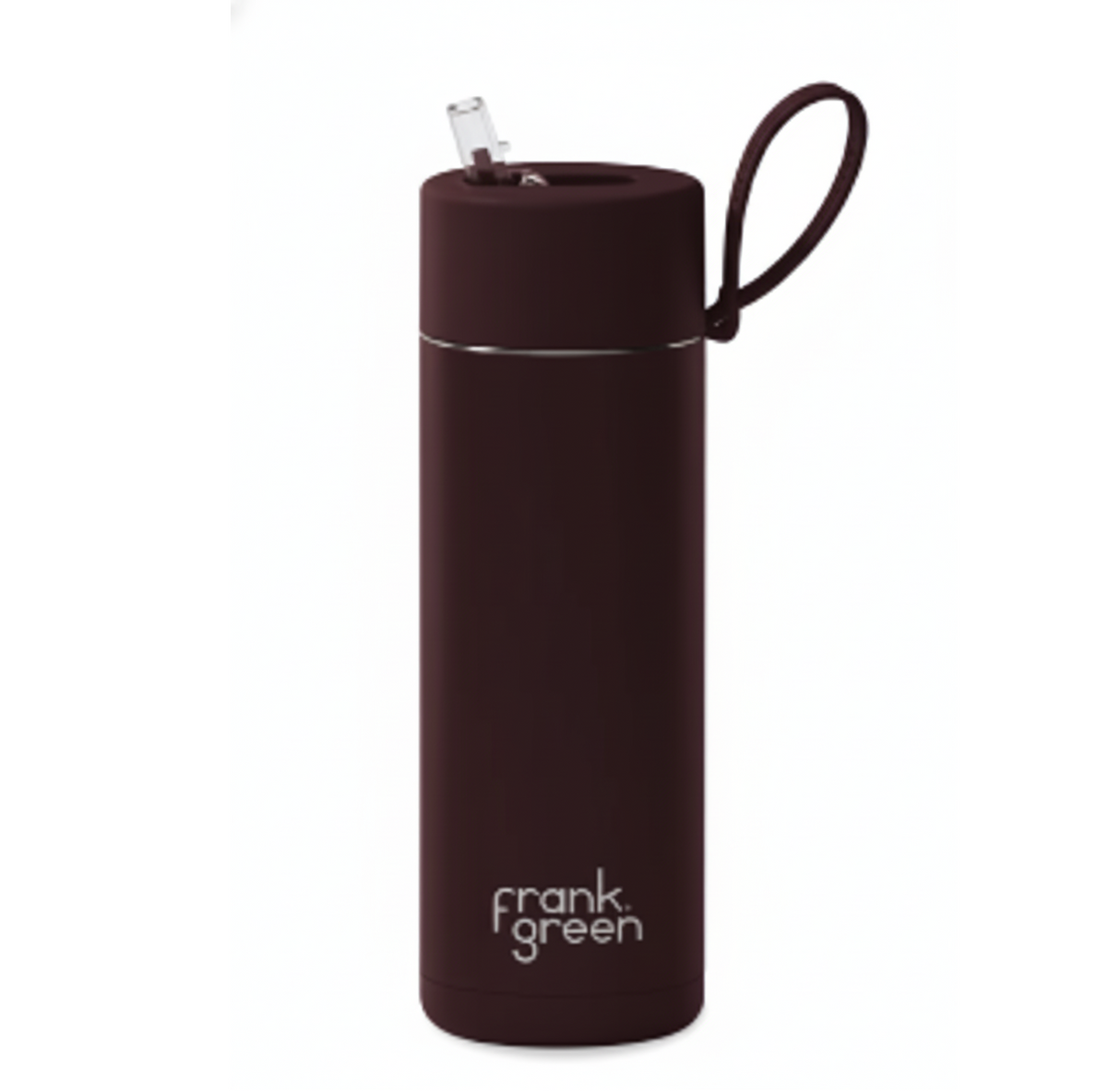 Brown reusable water bottle with Frank Green logo on a white background