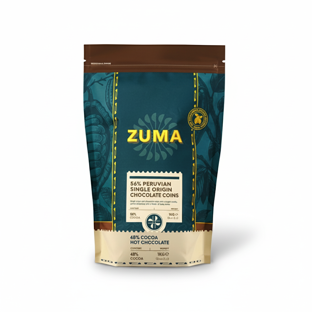 Zuma hot chocolate packaging with green and brown design on a white background