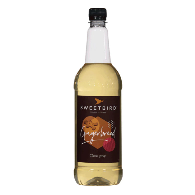 Bottle of Sweetbird Gingerbread syrup on a white background